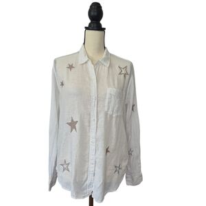 Rails Top Charli Button Front Gauze White Metallic Embroidered Stars Womens Sz S
